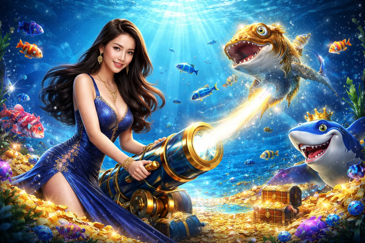 Hình ảnh máy đánh bạc (slot machine) với biểu tượng Jackpot lớn, tiền vàng rơi ra, và ánh sáng rực rỡ thể hiện sự phấn khích