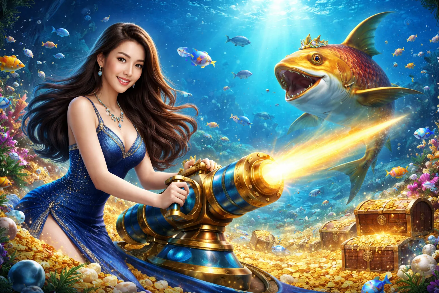 Hình ảnh trò chơi bắn cá với đại dương sâu thẳm, nhiều loài cá đầy màu sắc và hiệu ứng tiền vàng lấp lánh